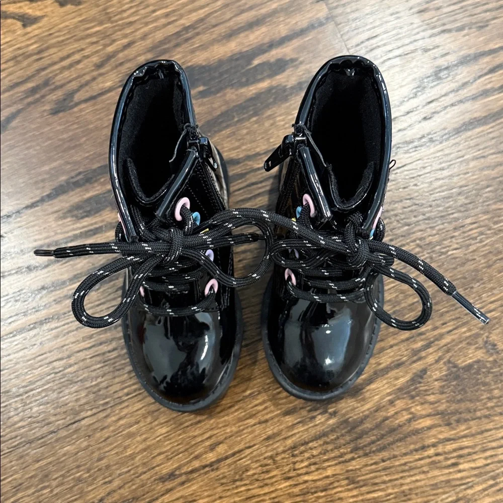 Black Patent Leather Kids Boots with Rainbow Detail
